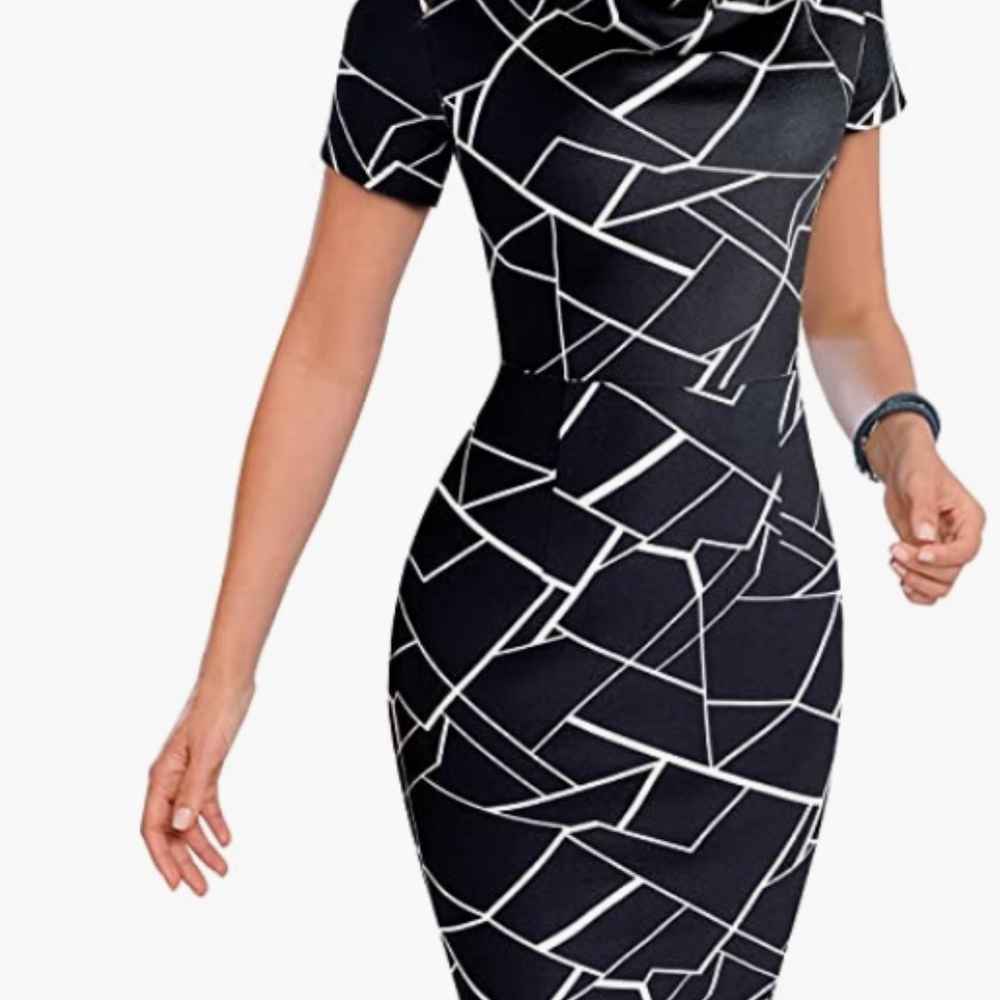 Black and white VELJIE 3/4 length sleeve knee length business dress, size 10